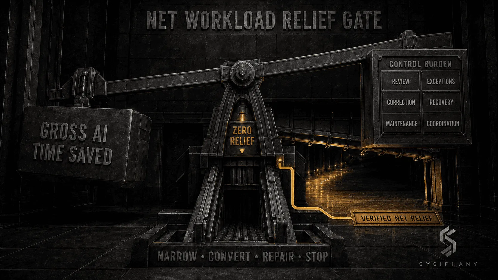 Net workload relief gate subtracting review, exceptions, correction, recovery, maintenance, and coordination from gross AI time saved.