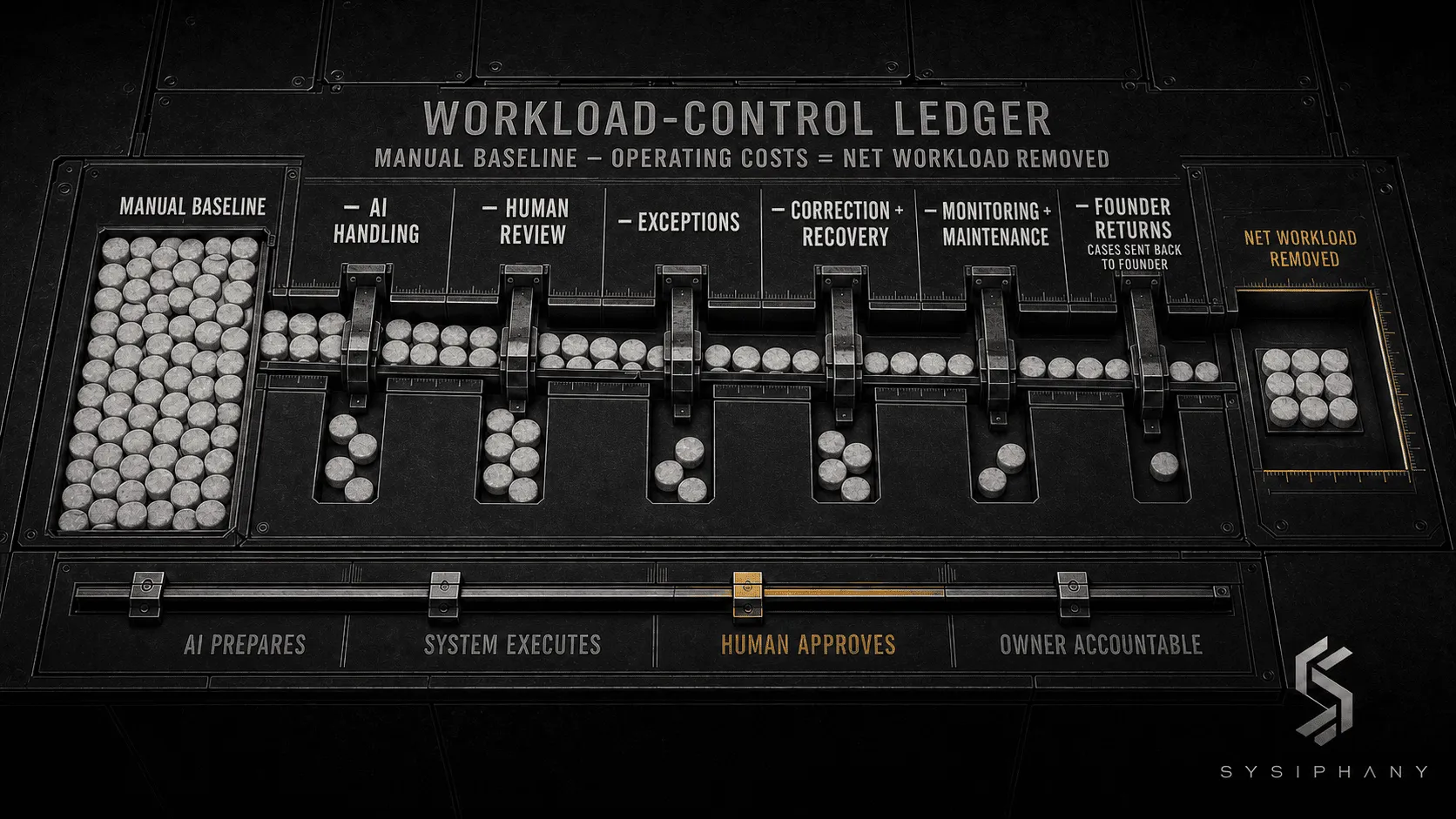 Workload-Control Ledger measuring manual effort, review, exceptions, recovery, maintenance, founder returns, and net workload removed.