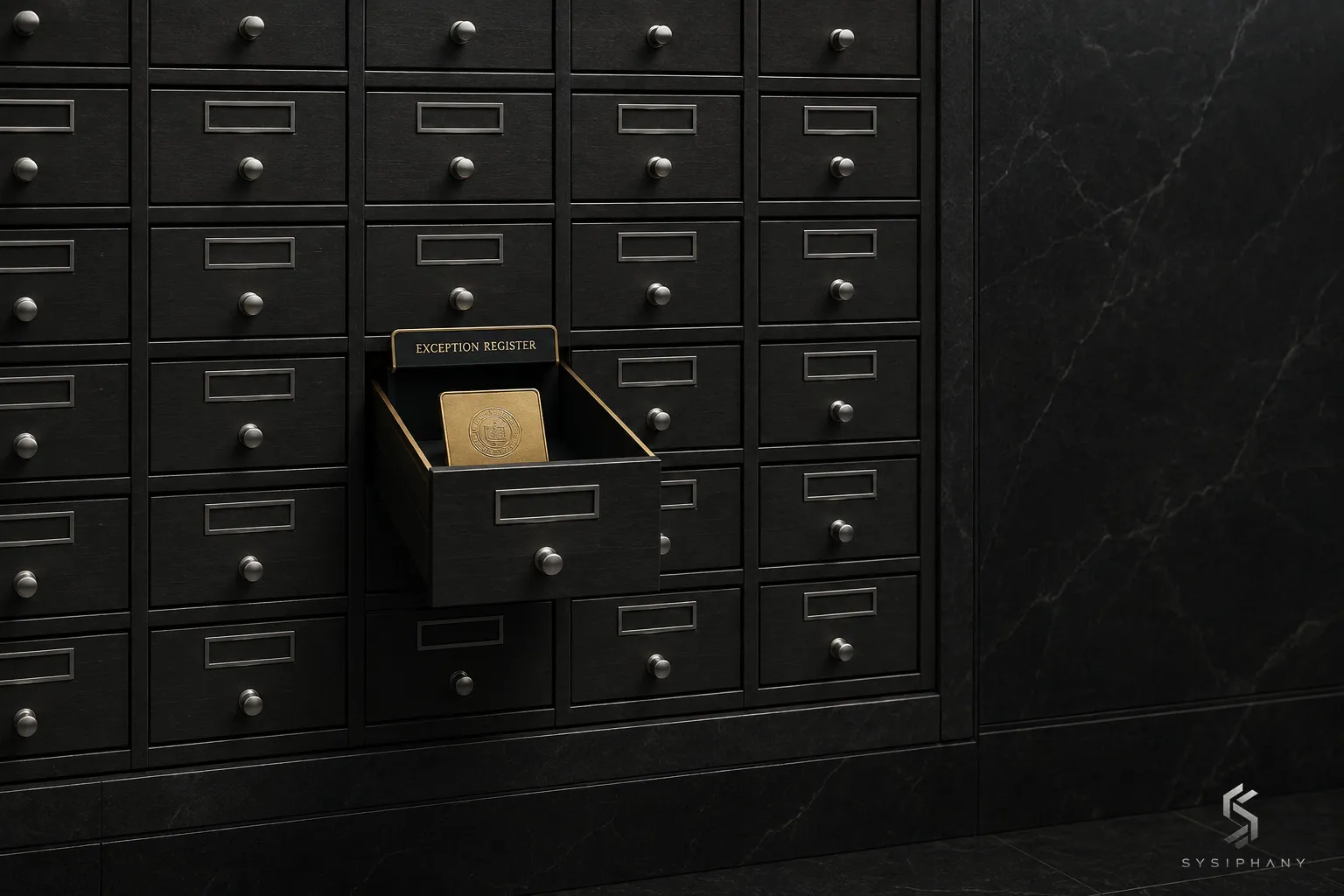 A dark architectural exception register with one abnormal case made visible in an open, amber-marked drawer.