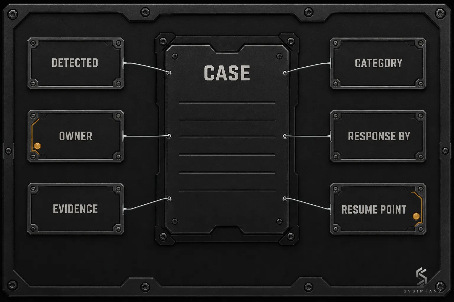 The six minimum fields of a business process exception record: detected, category, owner, response by, evidence, and resume point.