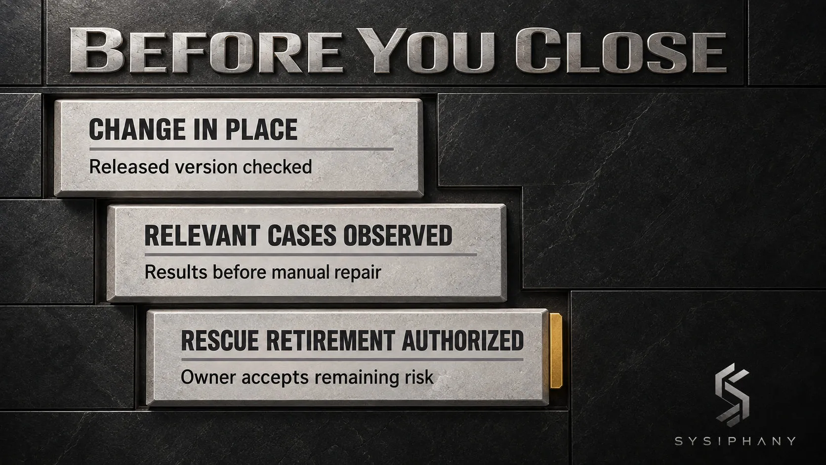 Closure evidence covers the released change, relevant cases observed before manual repair, and the owner's authorization to retire the rescue.