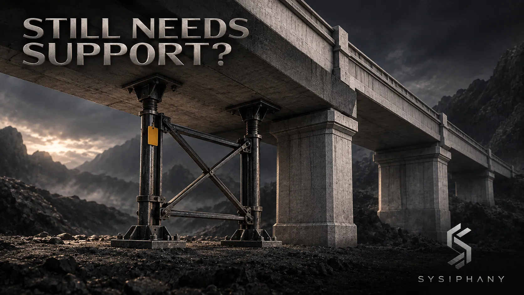Temporary external shoring holds one architectural span while a neighboring span carries its load through permanent supports.
