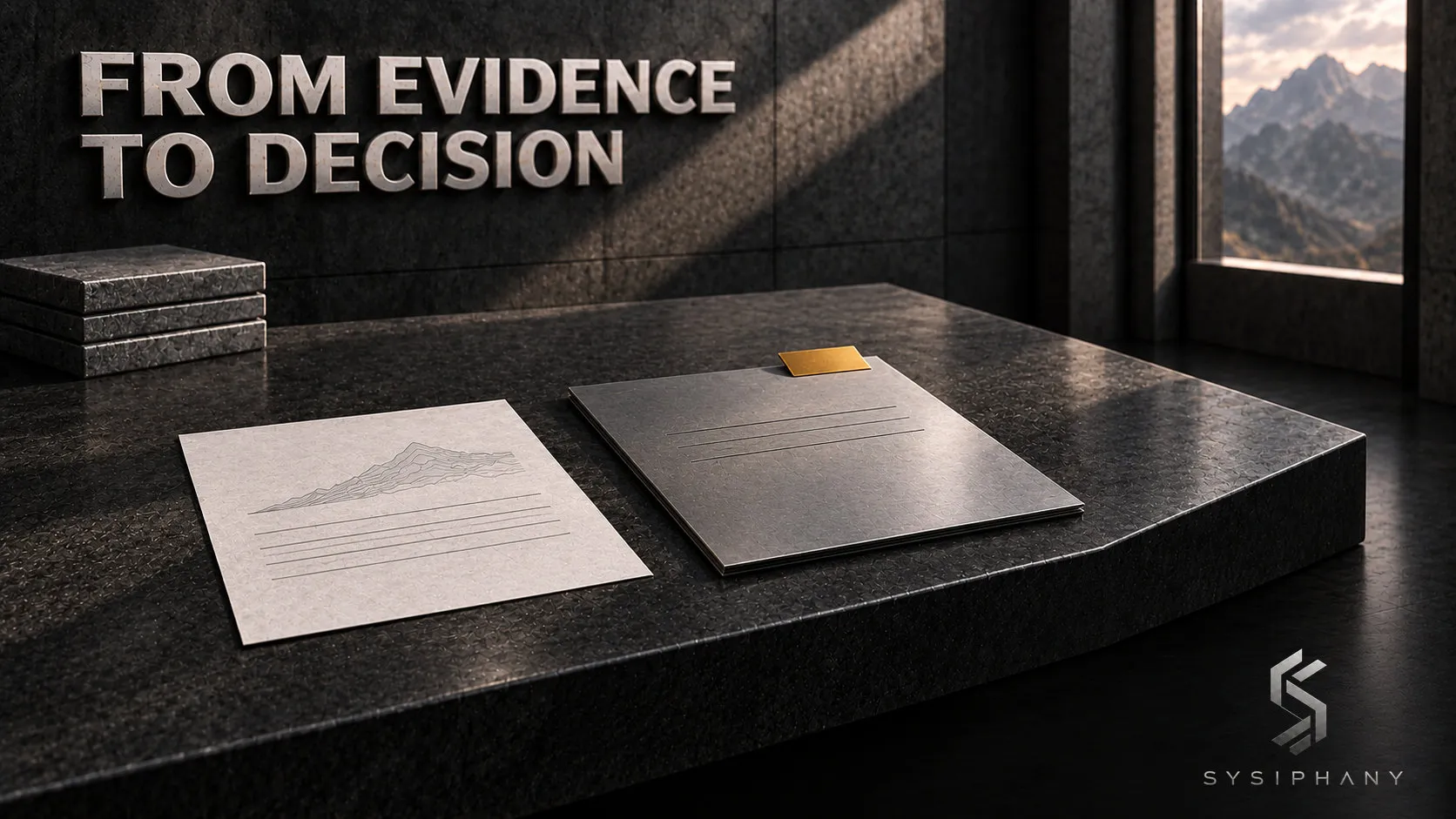 Selected operational evidence rests beside a single decision record at an architectural review desk, with an Amber marker identifying the decision awaiting an owner.