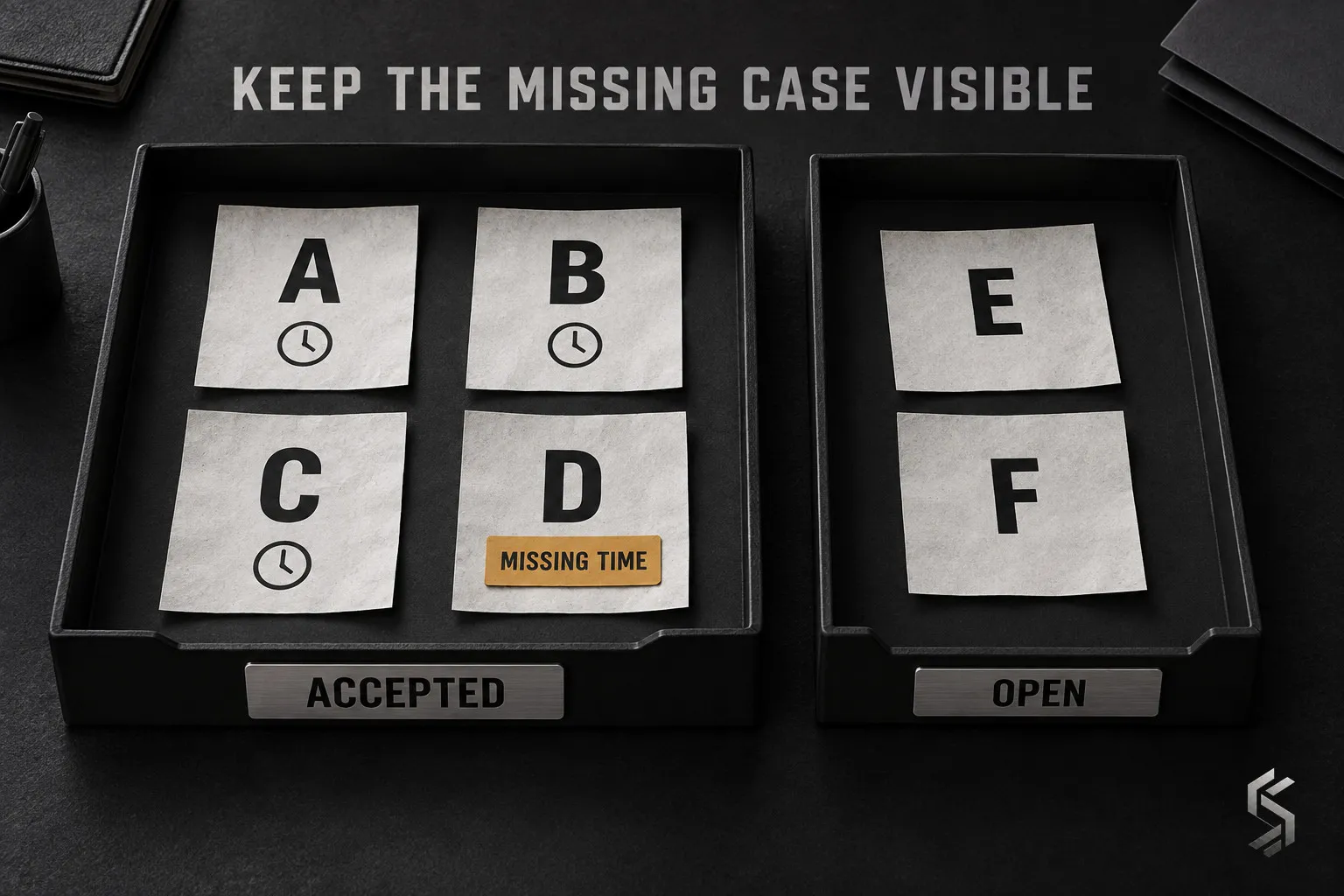 Six case records keep four accepted requests and two open requests visible, with a missing acceptance timestamp marked on case D.