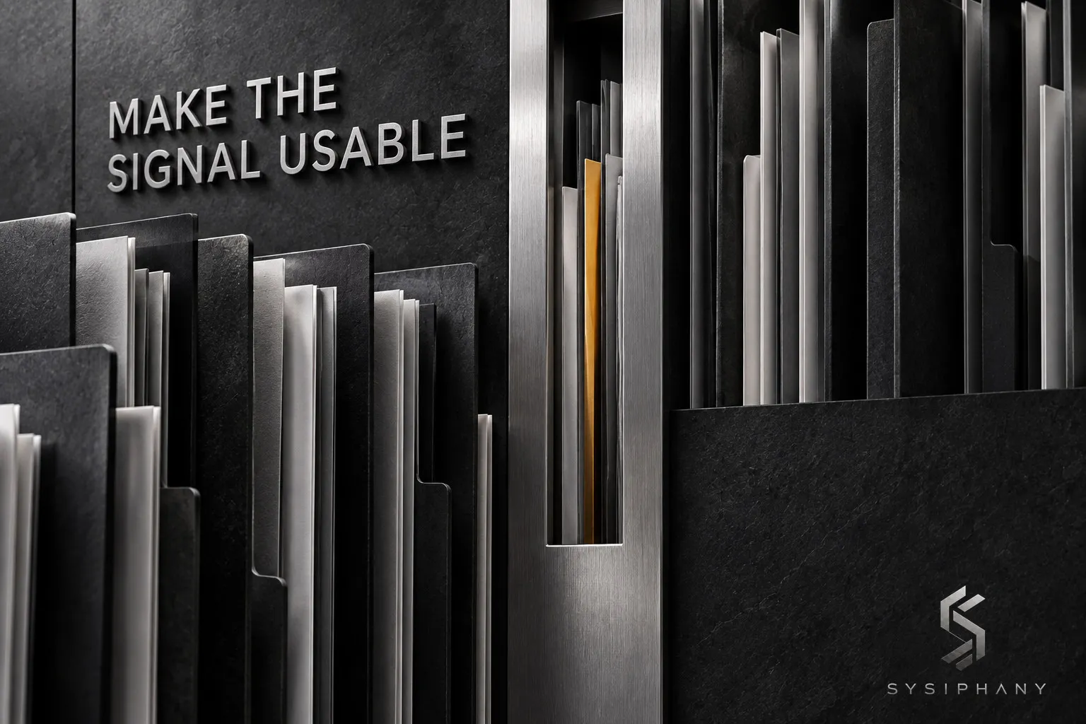 A restrained architectural viewing frame brings one performance signal into focus against layered operational records.