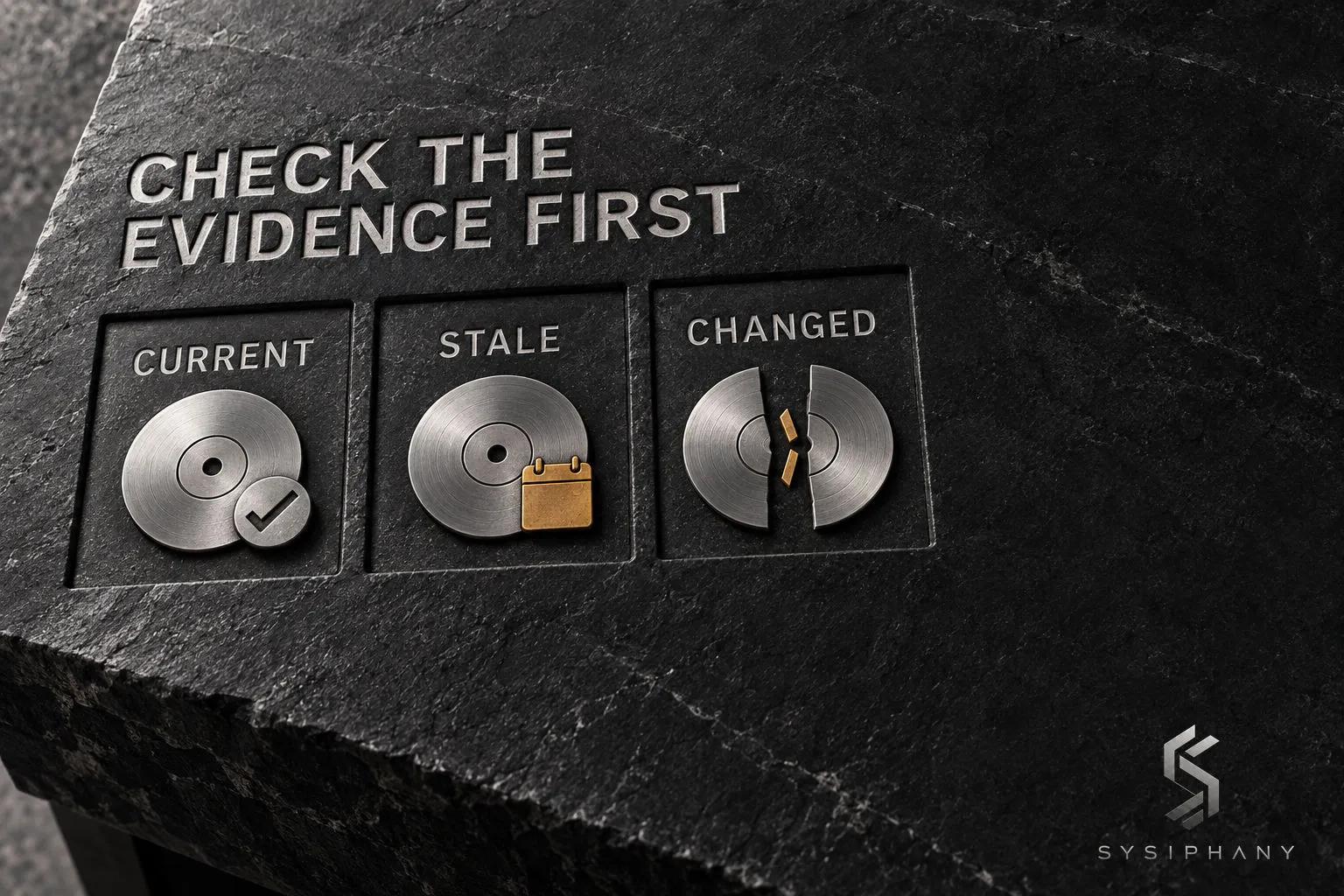 Three evidence-state plates distinguish current records, stale records, and a changed comparison basis before performance is interpreted.