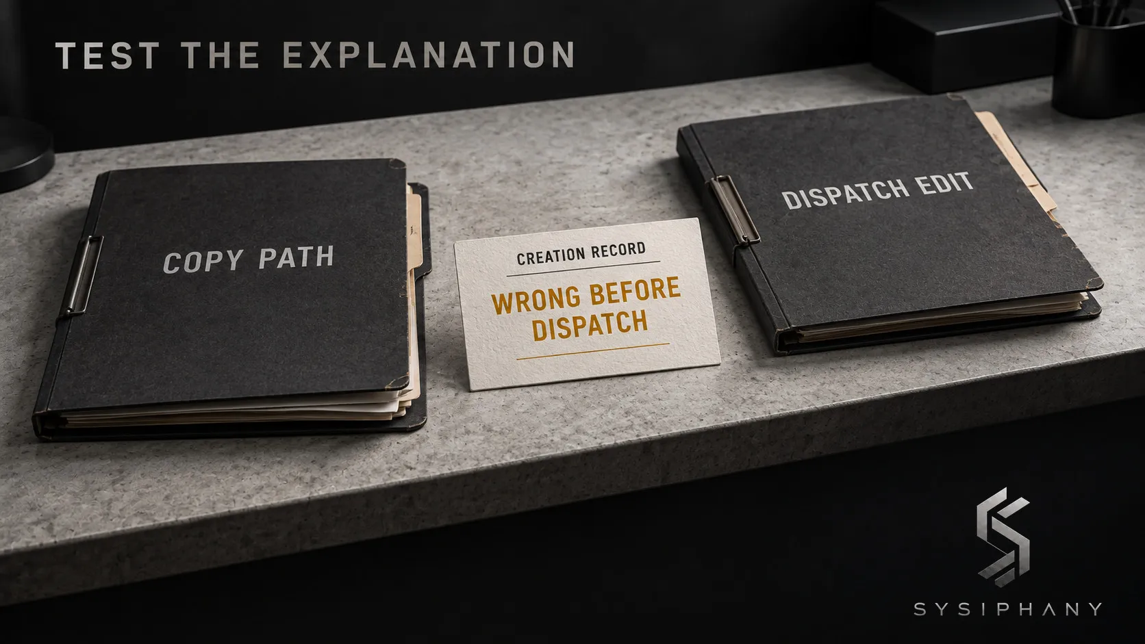 A creation record showing the wrong address before dispatch is compared with copy-path and dispatch-edit hypotheses.