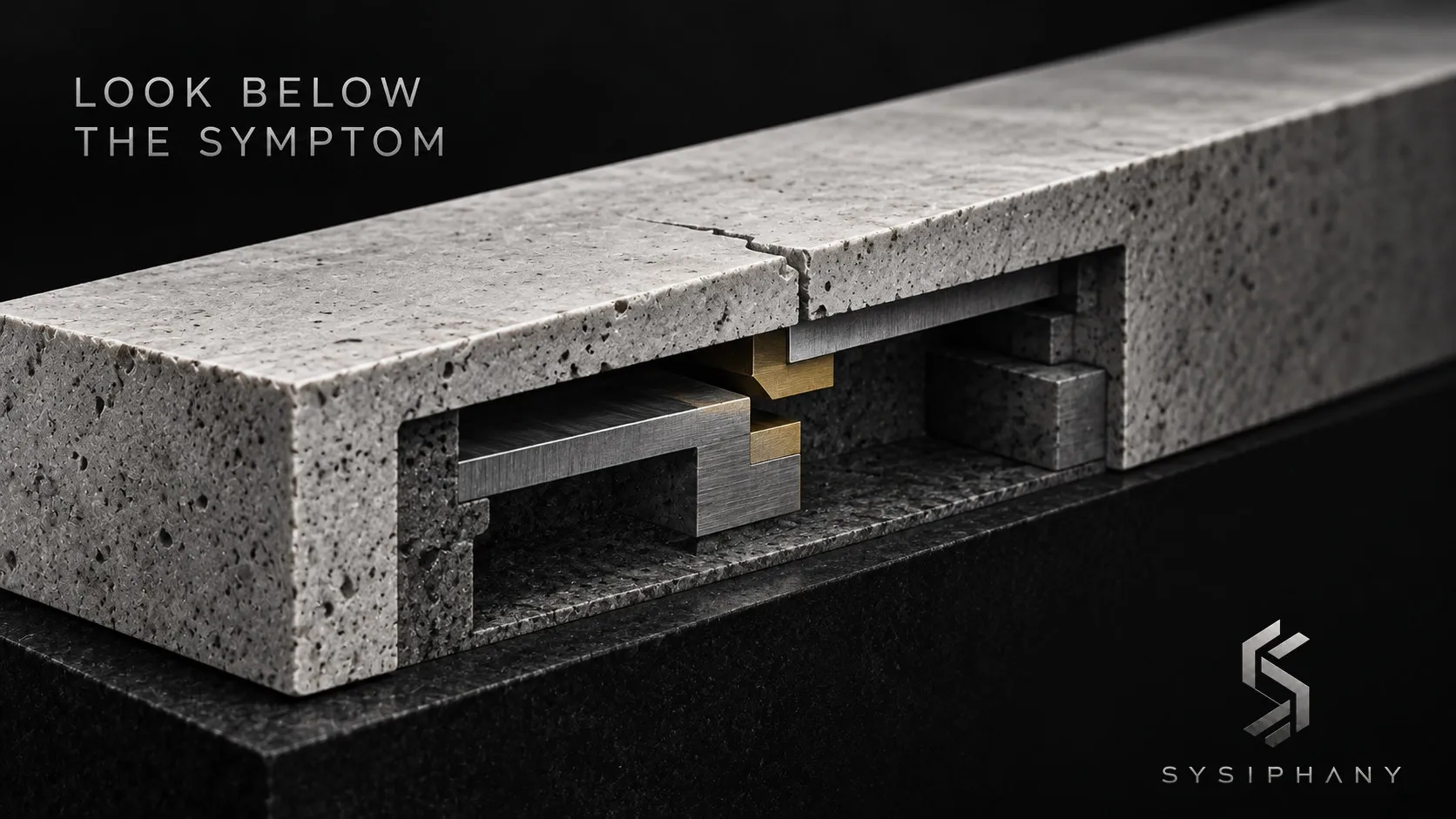 An architectural cutaway reveals a hidden misalignment beneath a visible surface defect.
