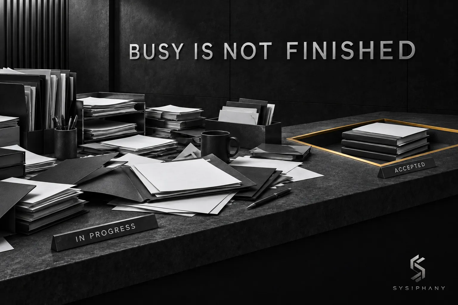 An architectural workbench contrasts a densely occupied working surface with a smaller collection of finished case files.
